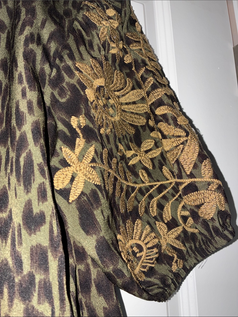 THML Olive Leopard Print Blouse with Gold Floral Embroidered Sleeves - Picture 3 of 6